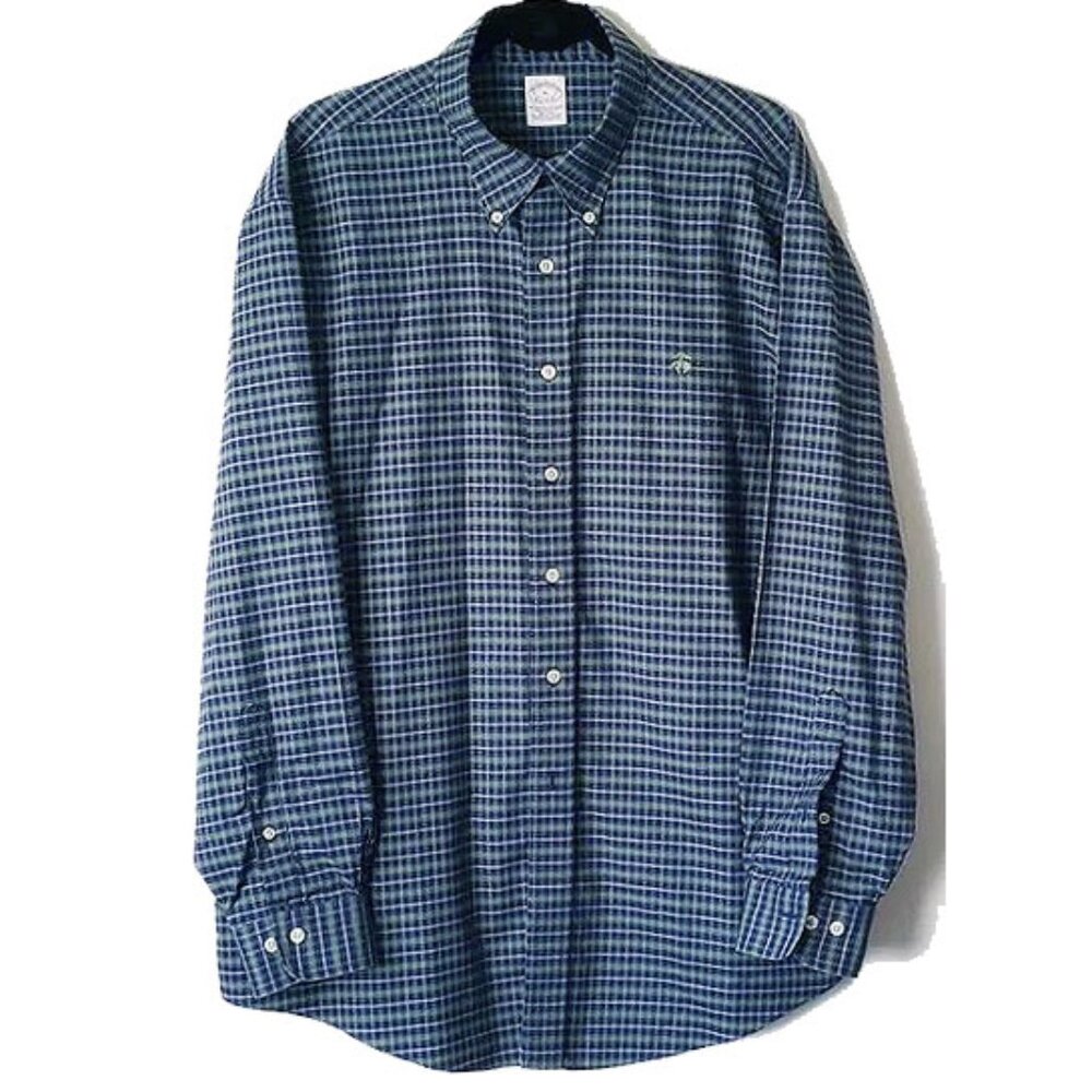 Brooks Brothers Washable Cotton Button Down Shirt XL Blue White Green